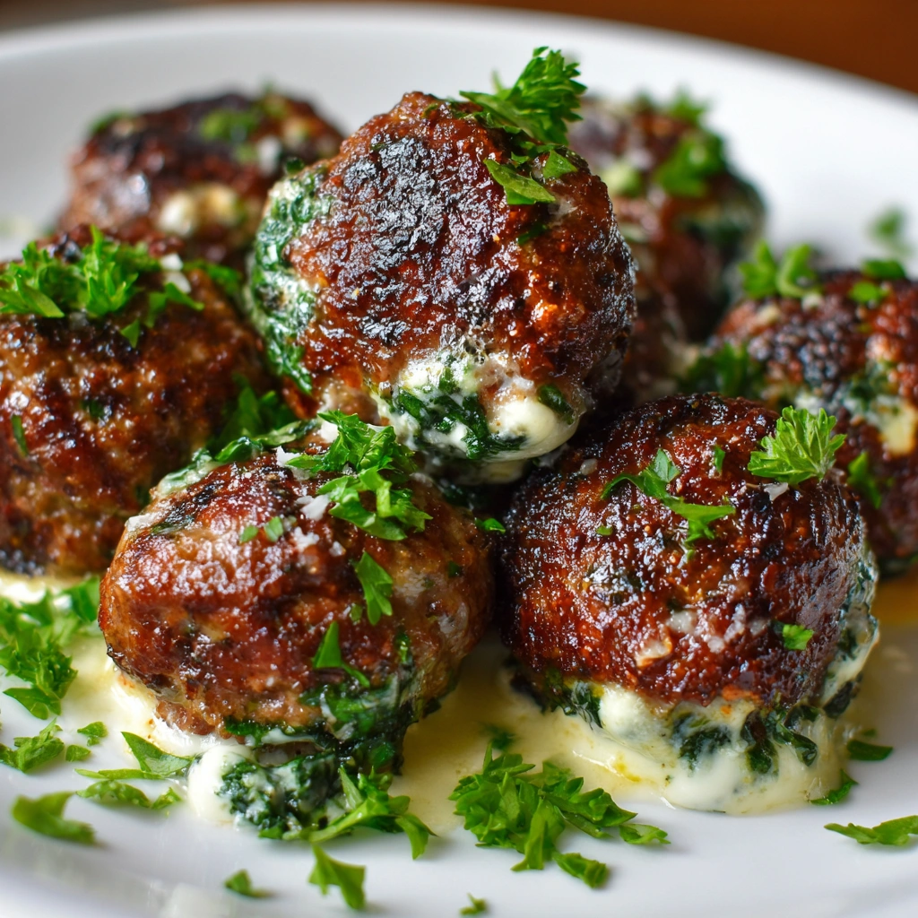 Spinach Garlic Meatballs Stuffed with Mozzarella Delight!