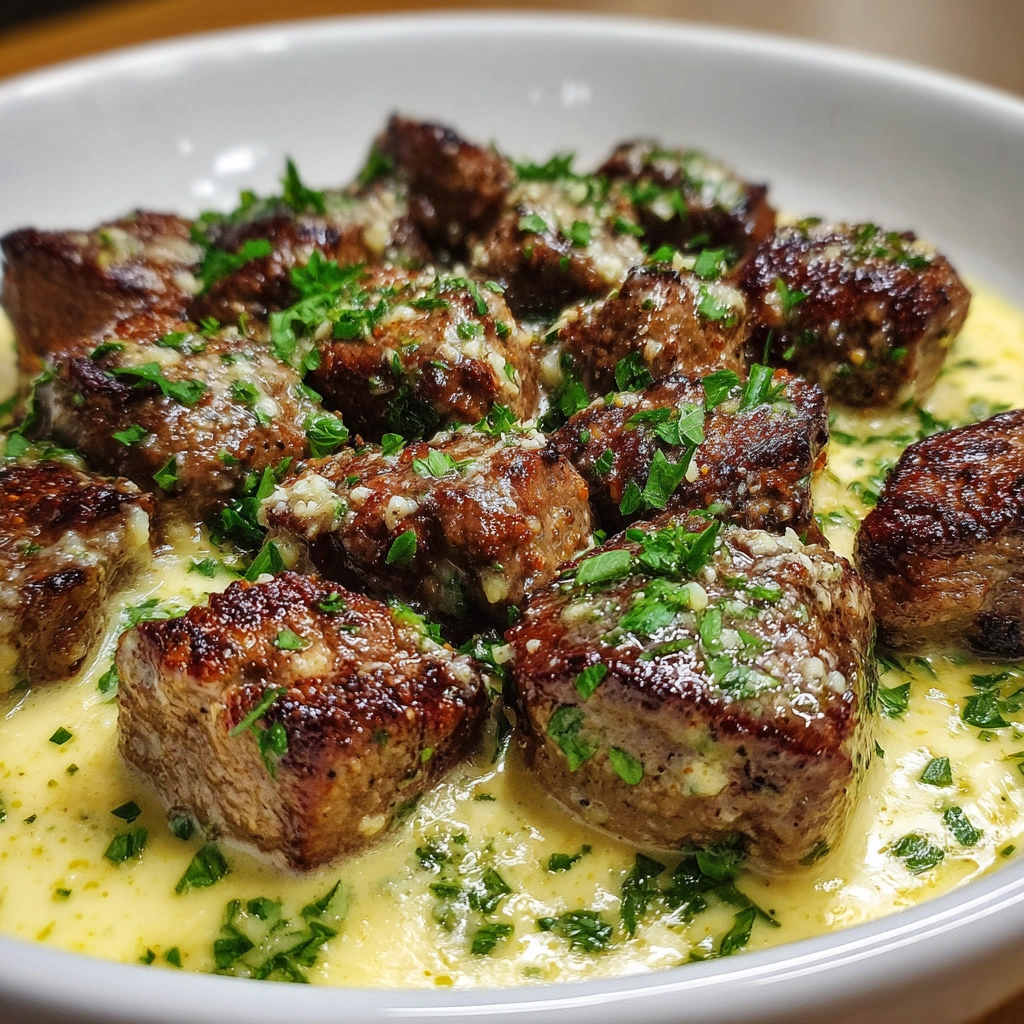 Garlic Butter Beef Bites with Parmesan Cream Sauce delights!