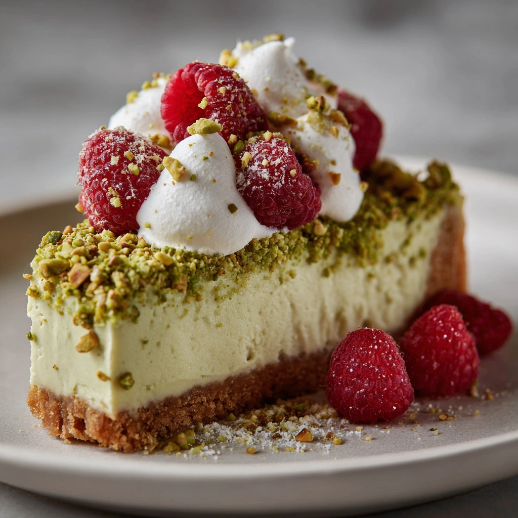 Elegant Pistachio Raspberry Crunch Cheesecake Delight Awaits!