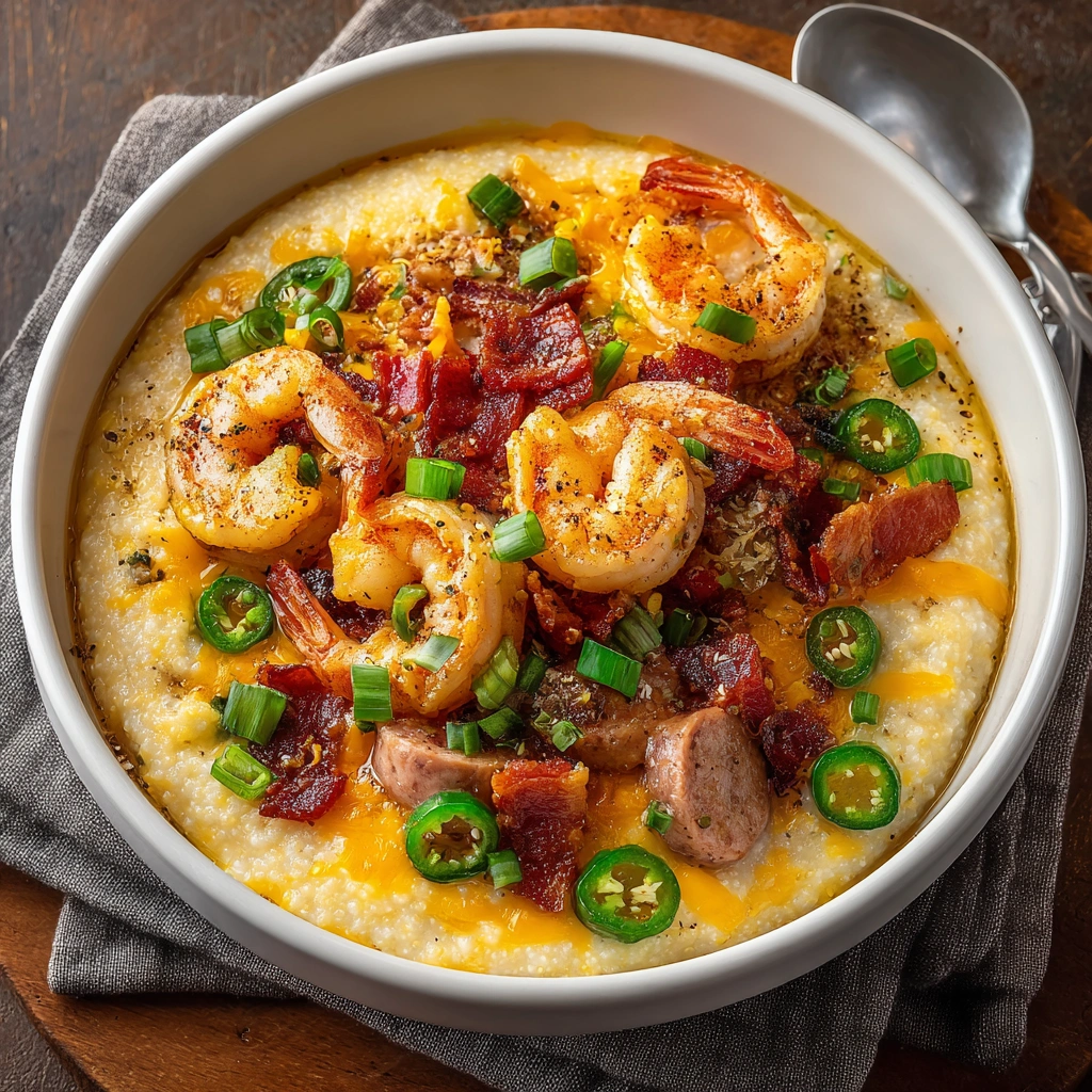 Jalapeno cheddar grits with shrimp, sausage, and salmon delight!