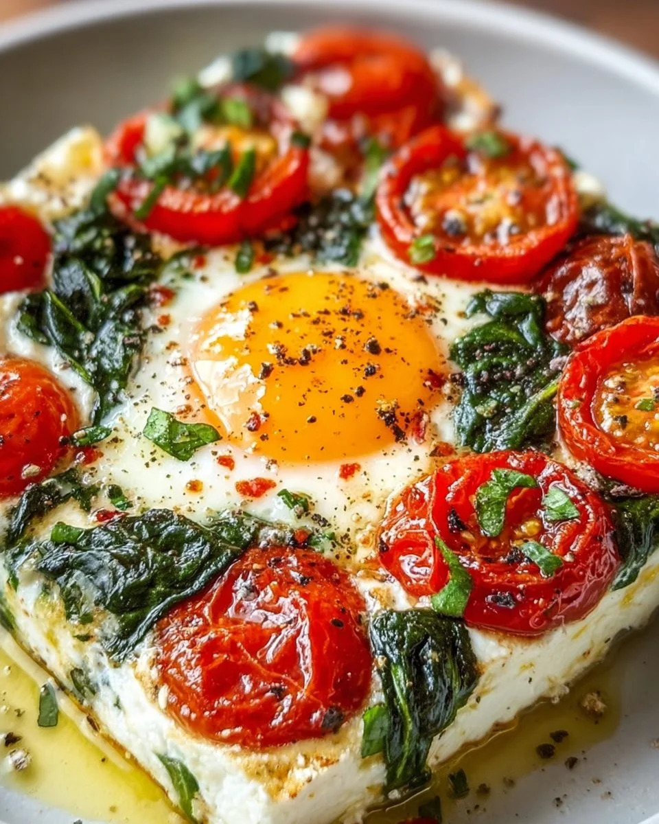 Baked Feta Eggs with Spinach &amp; Tomatoes