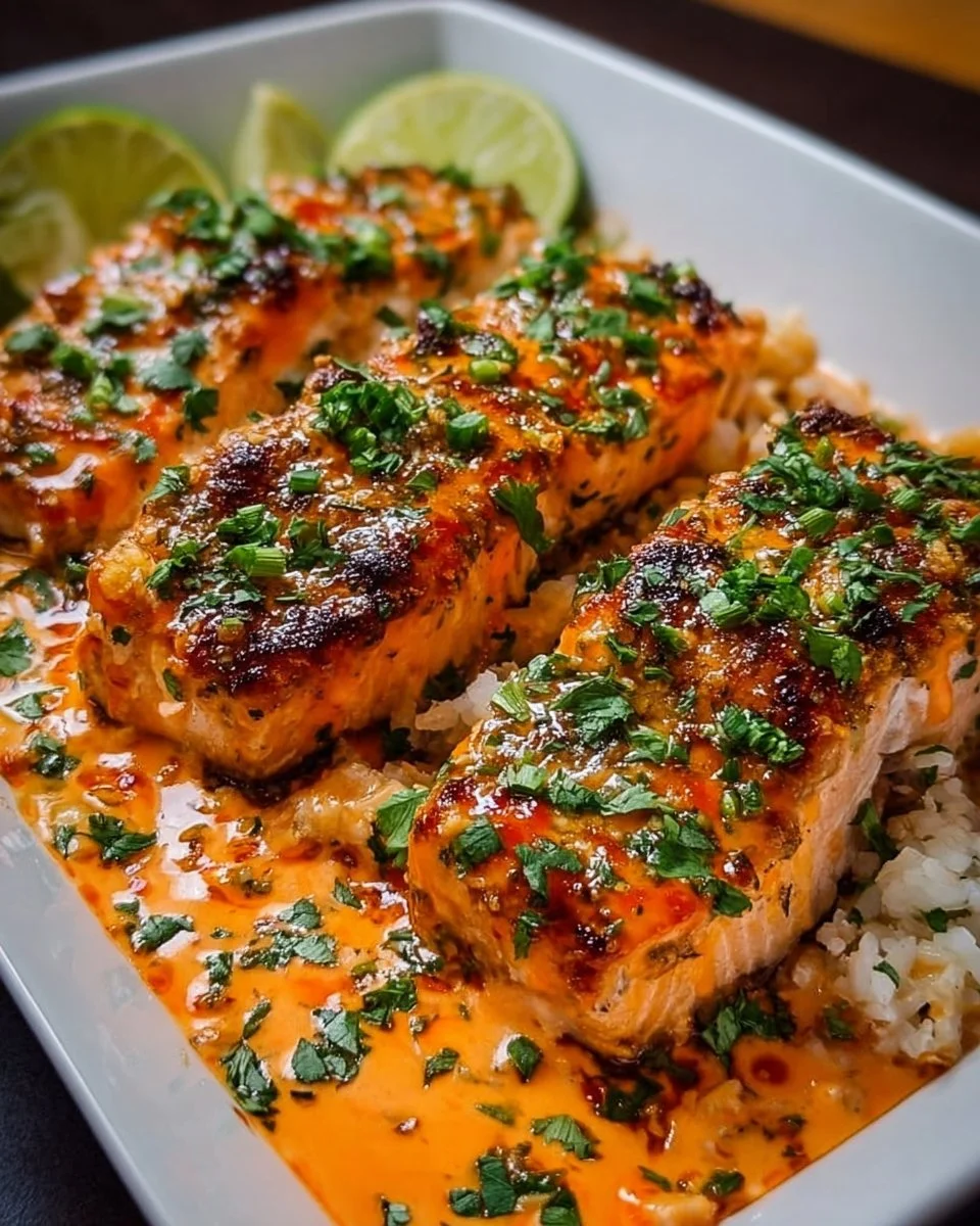 Plate of Bang Bang Salmon garnished with fresh herbs and served with rice