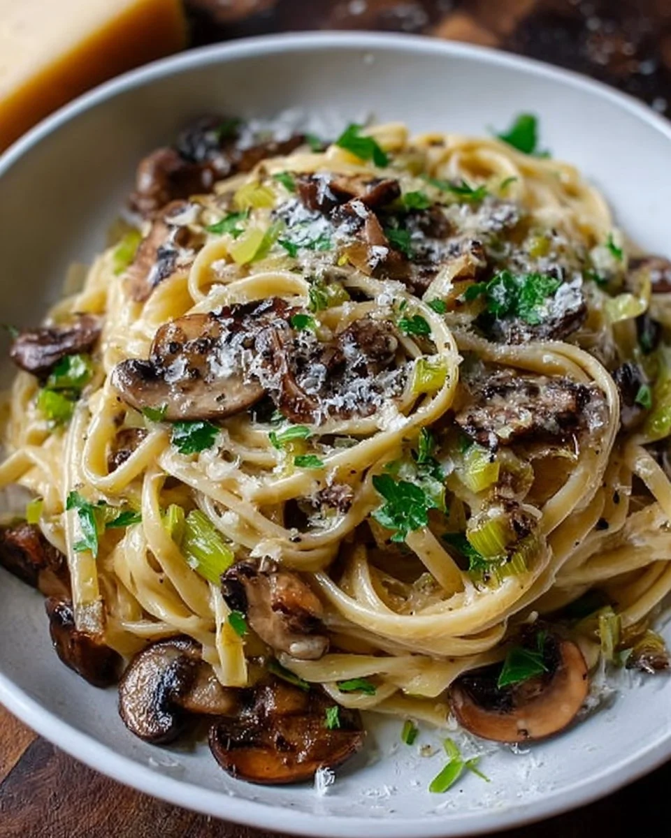 Delicious Caramelized Leek and Mushroom Gruyere Pasta served in a bowl.