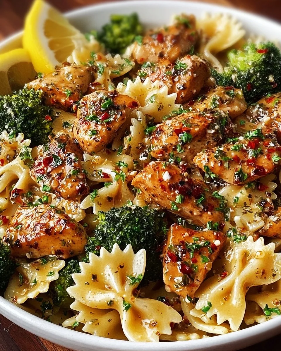 Cowboy Butter Lemon Bowtie Chicken with Broccoli plated and garnished