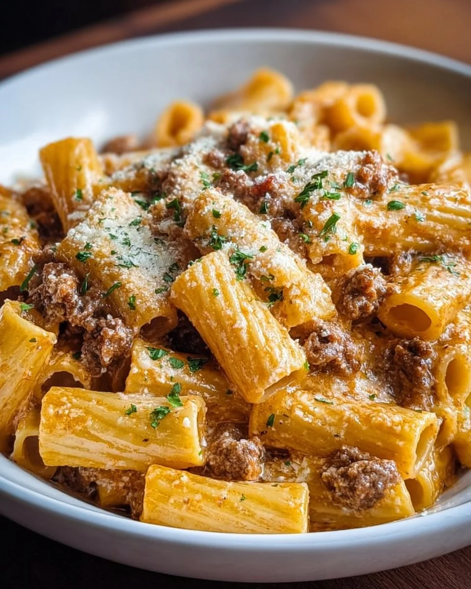 Creamy Parmesan Beef Rigatoni topped with fresh parsley in a white bowl