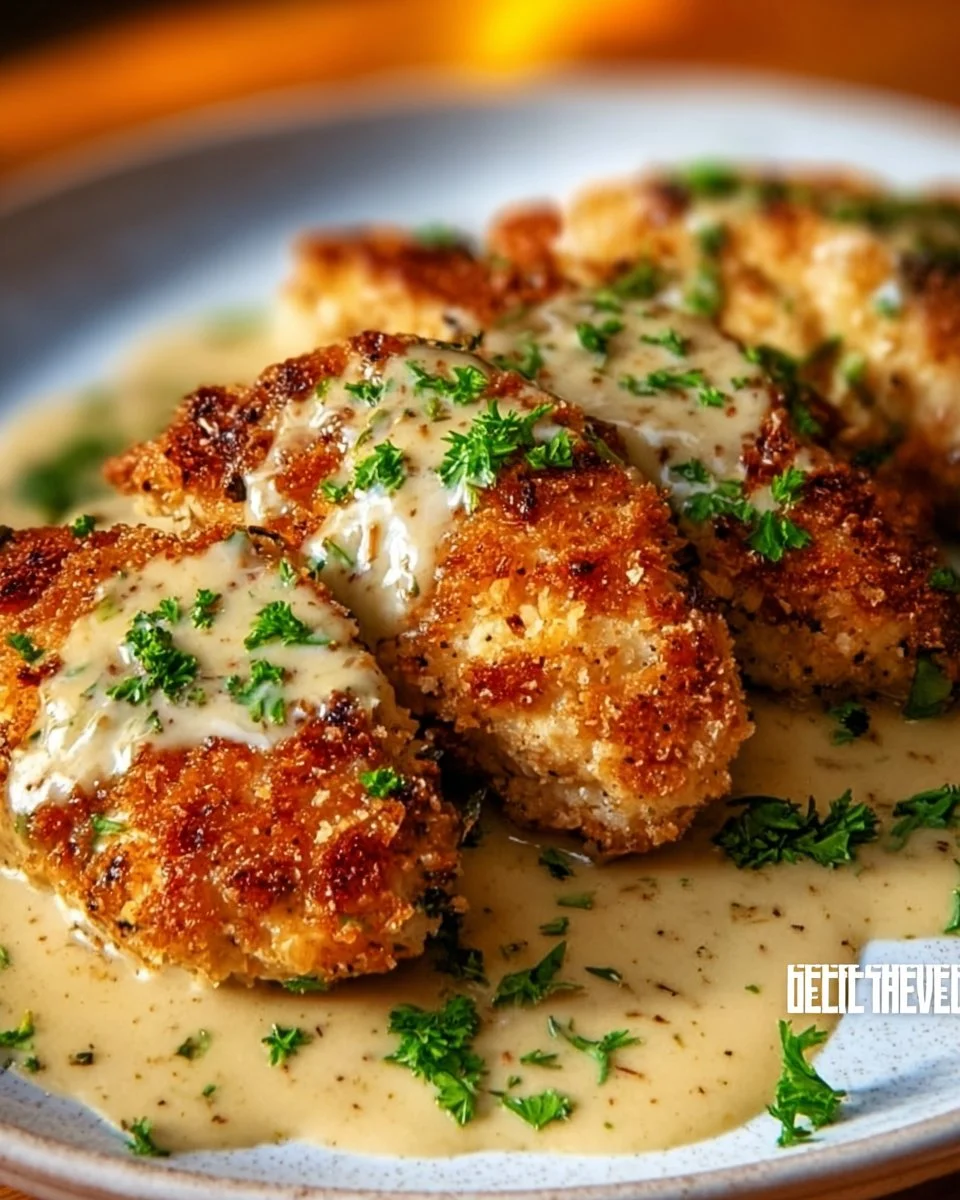 Crispy parmesan chicken with garlic sauce served on a plate