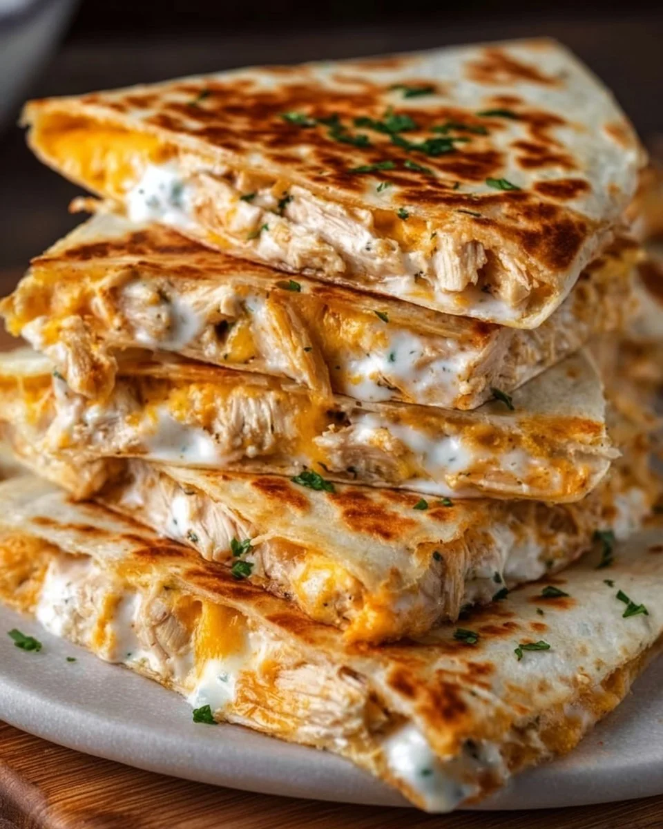 High-protein chicken ranch quesadilla with melted cheese and fresh ingredients