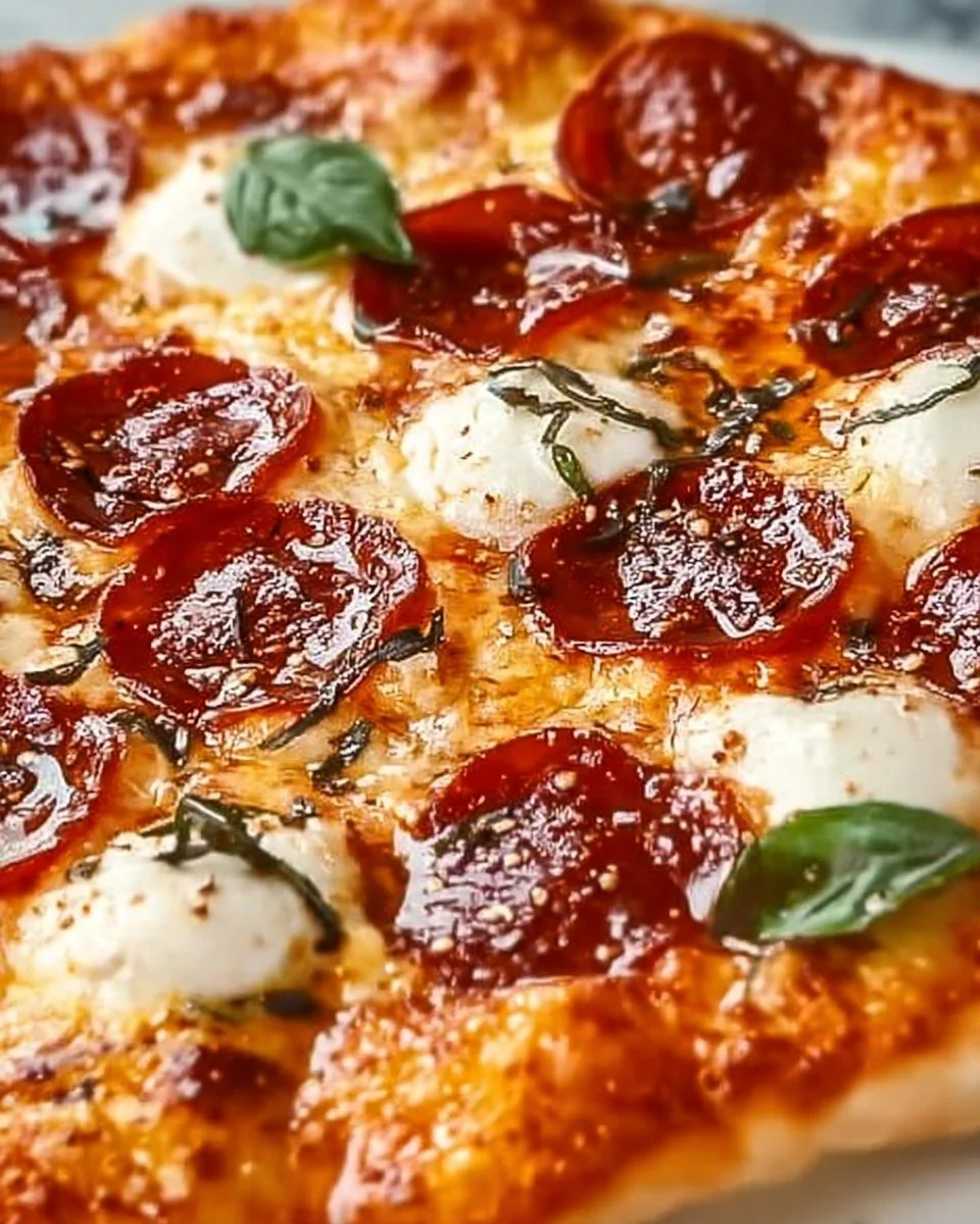 Hot Honey Pepperoni Ricotta Pizza topped with sweet honey and spicy pepperoni