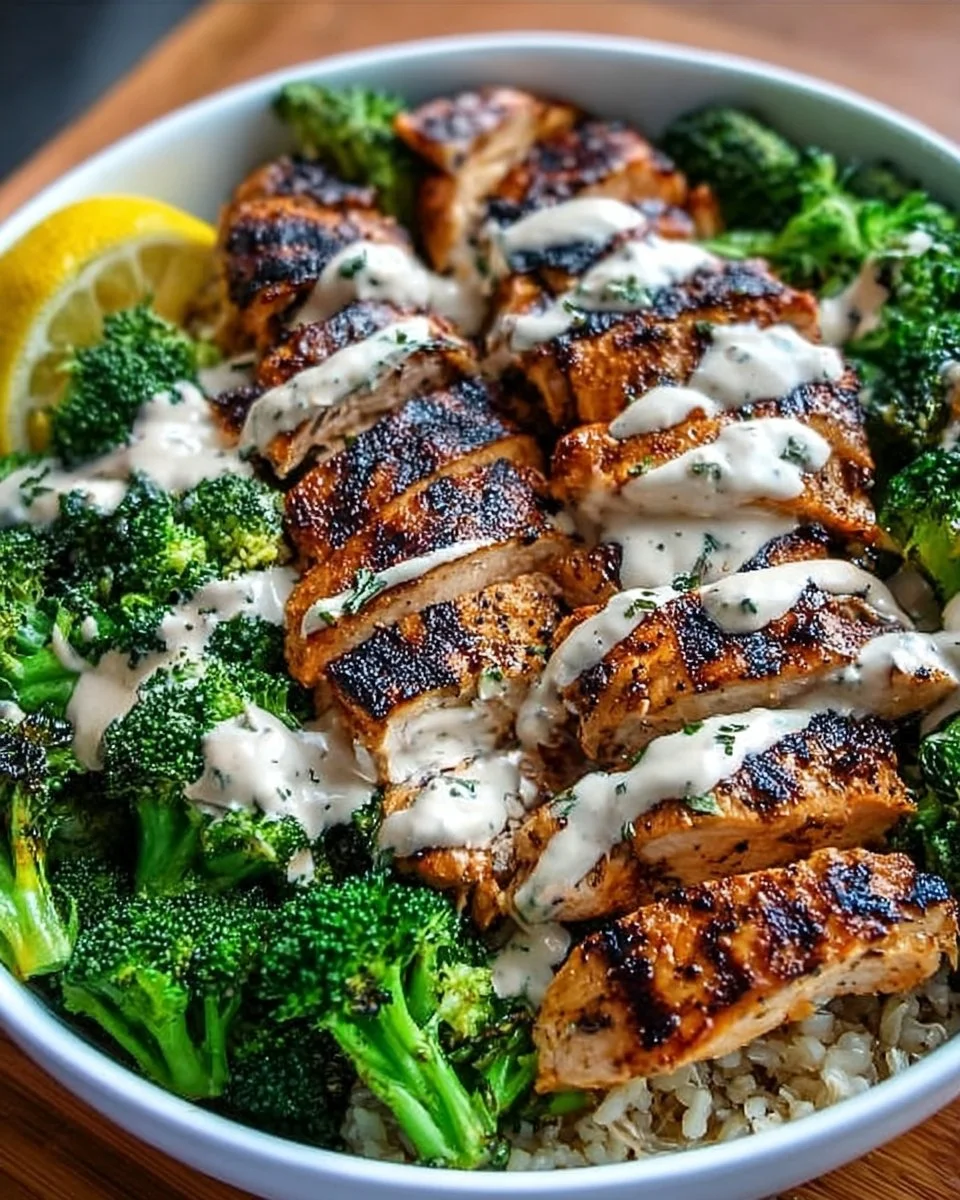 How to Make Grilled Chicken &amp; Broccoli Bowls with Creamy Garlic Sauce
