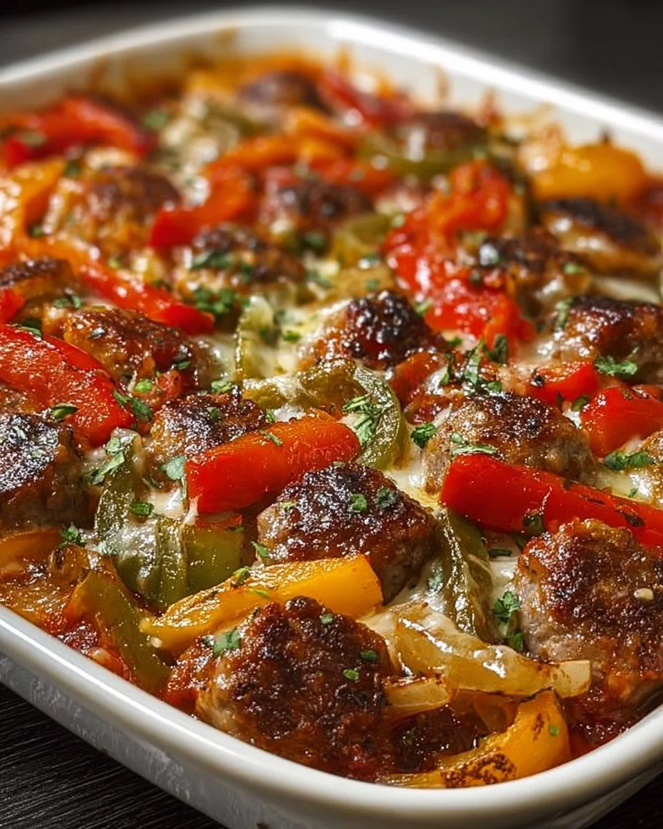 Italian Sausage & Pepper Casserole in a baking dish, topped with fresh herbs.
