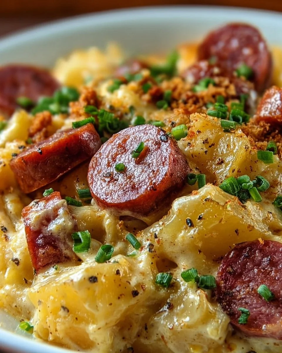 Kielbasa sausage cheesy potato casserole topped with melted cheese