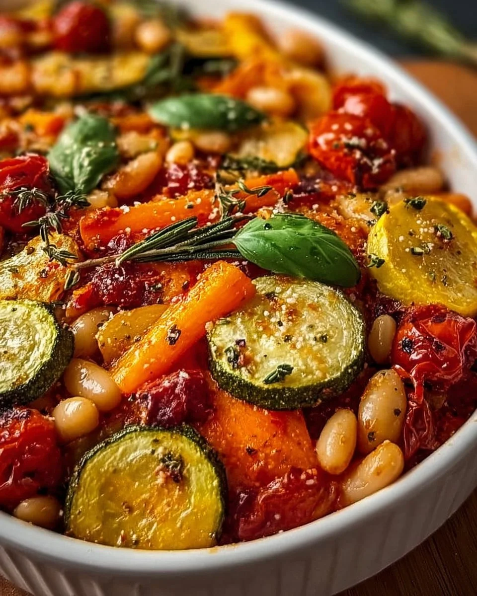 Rustic Roasted Vegetable Bake with Cannellini Beans in a baking dish