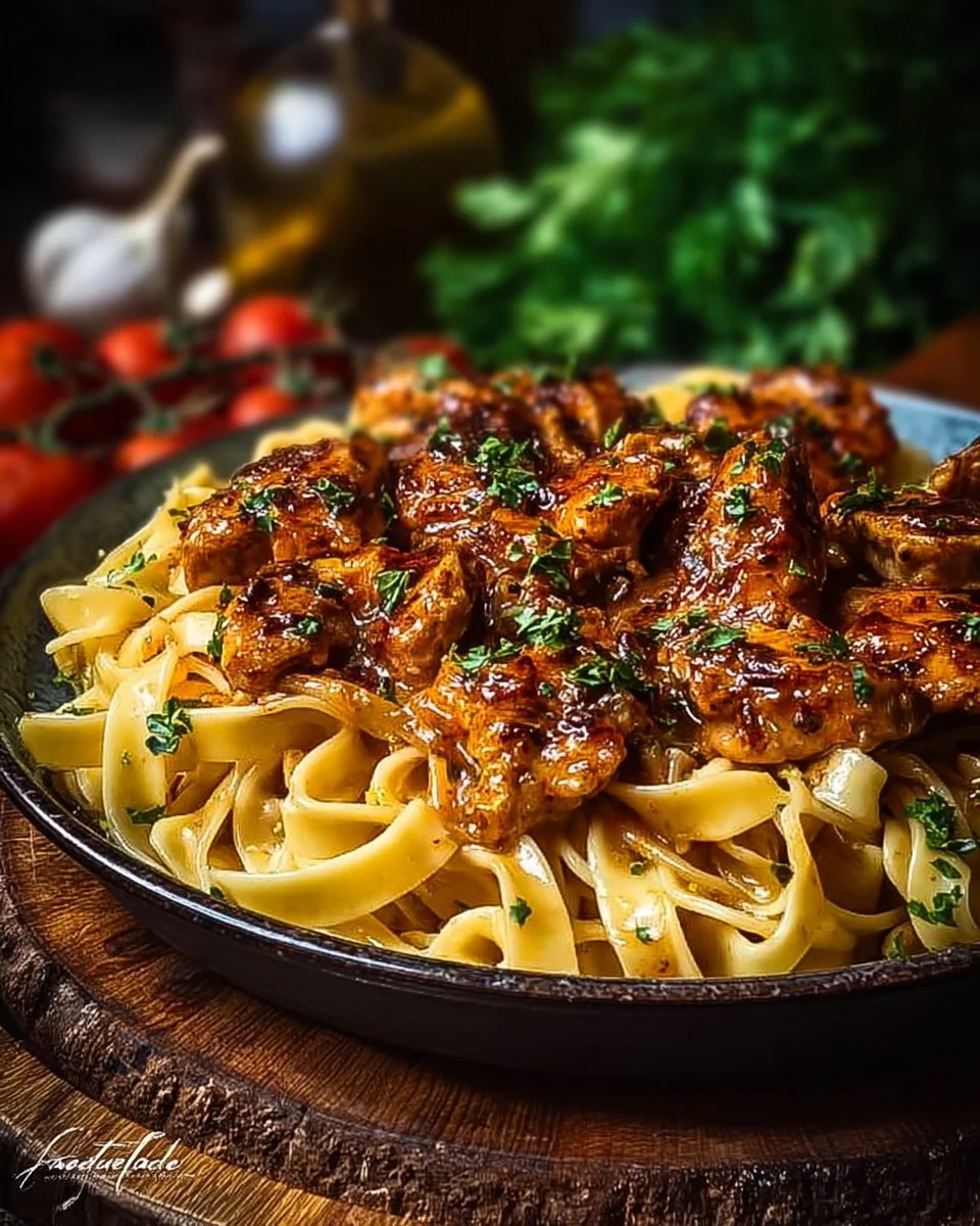Plate of spicy Cajun honey butter chicken pasta garnished with herbs