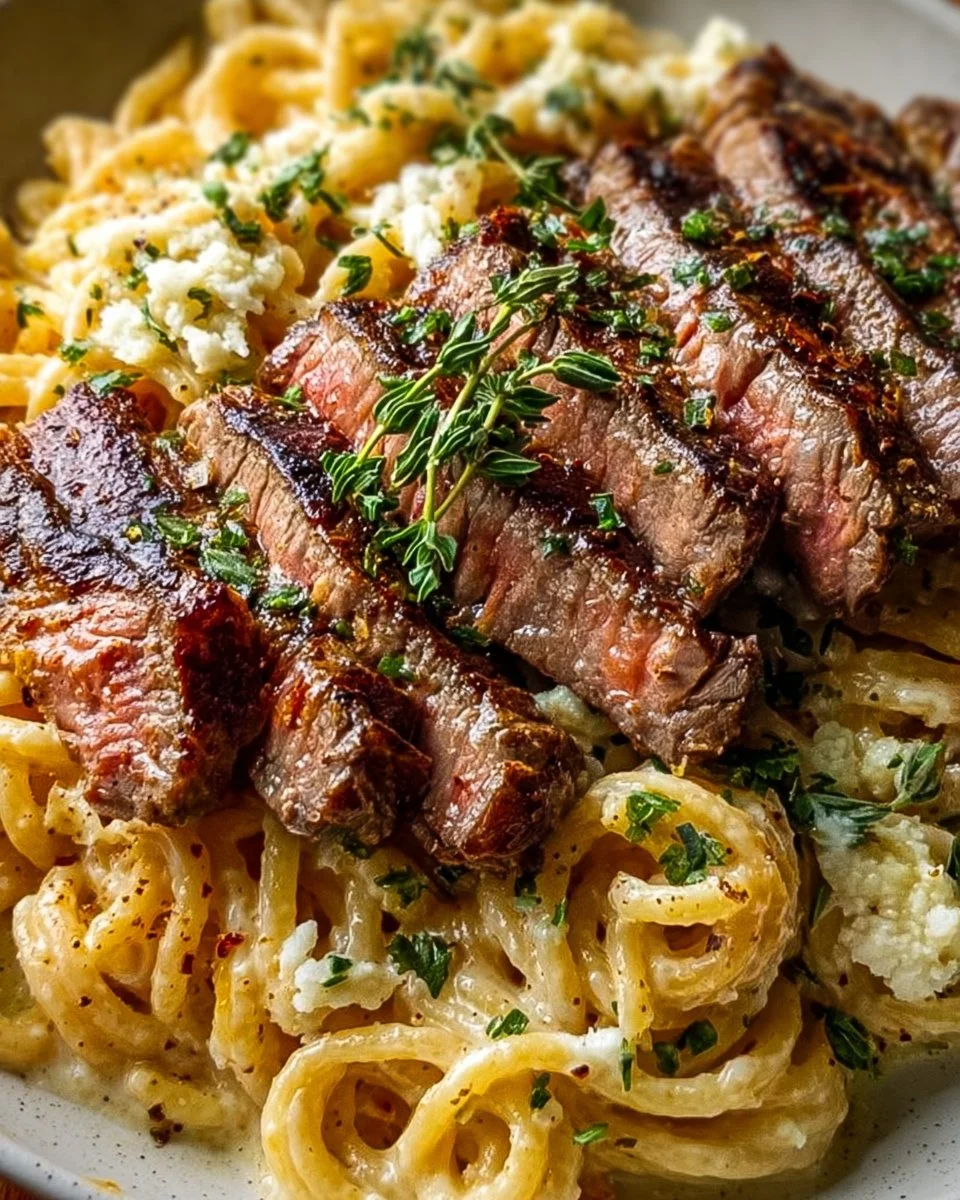 Steak and Creamy Garlic Parmesan Pasta