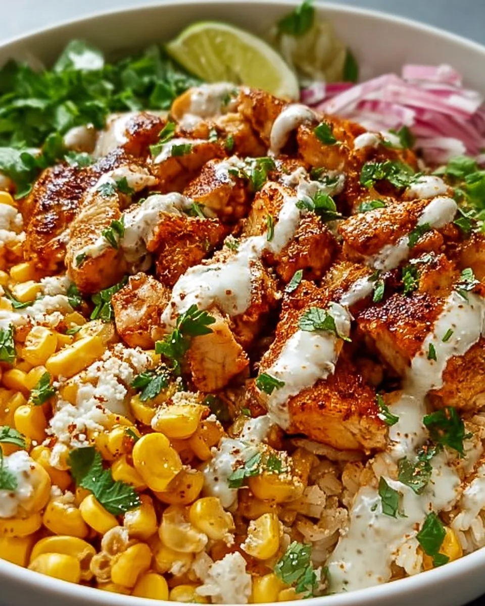 Delicious Street Corn Chicken Rice Bowl topped with fresh ingredients