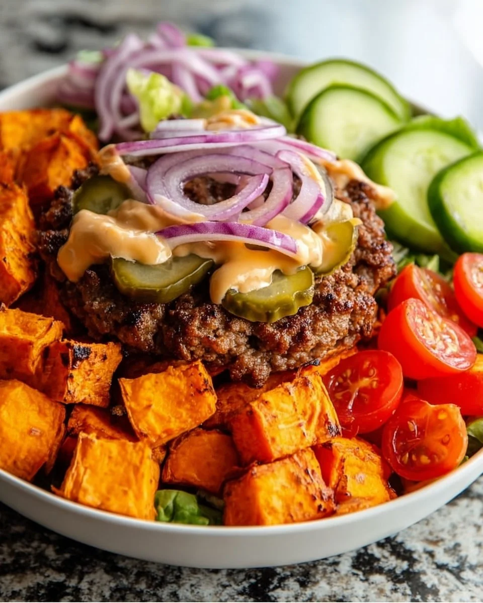 Delicious sweet potato burger bowl topped with fresh vegetables and sauce