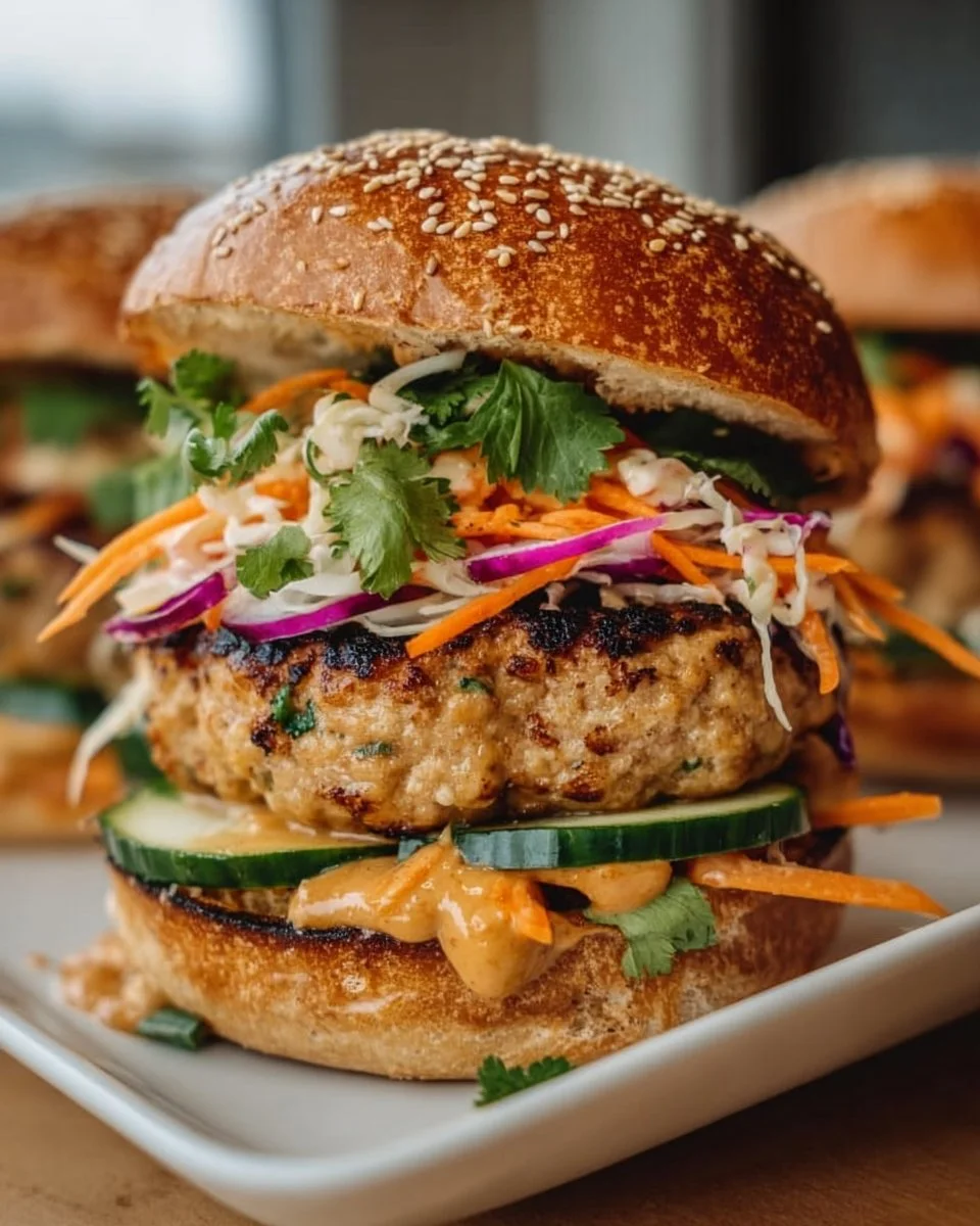 Delicious Thai Peanut Turkey Burgers topped with fresh herbs and served on a bun