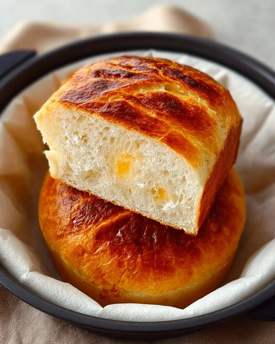 Loaf of Air Fryer Bread fresh out of the air fryer, showing crispy crust.
