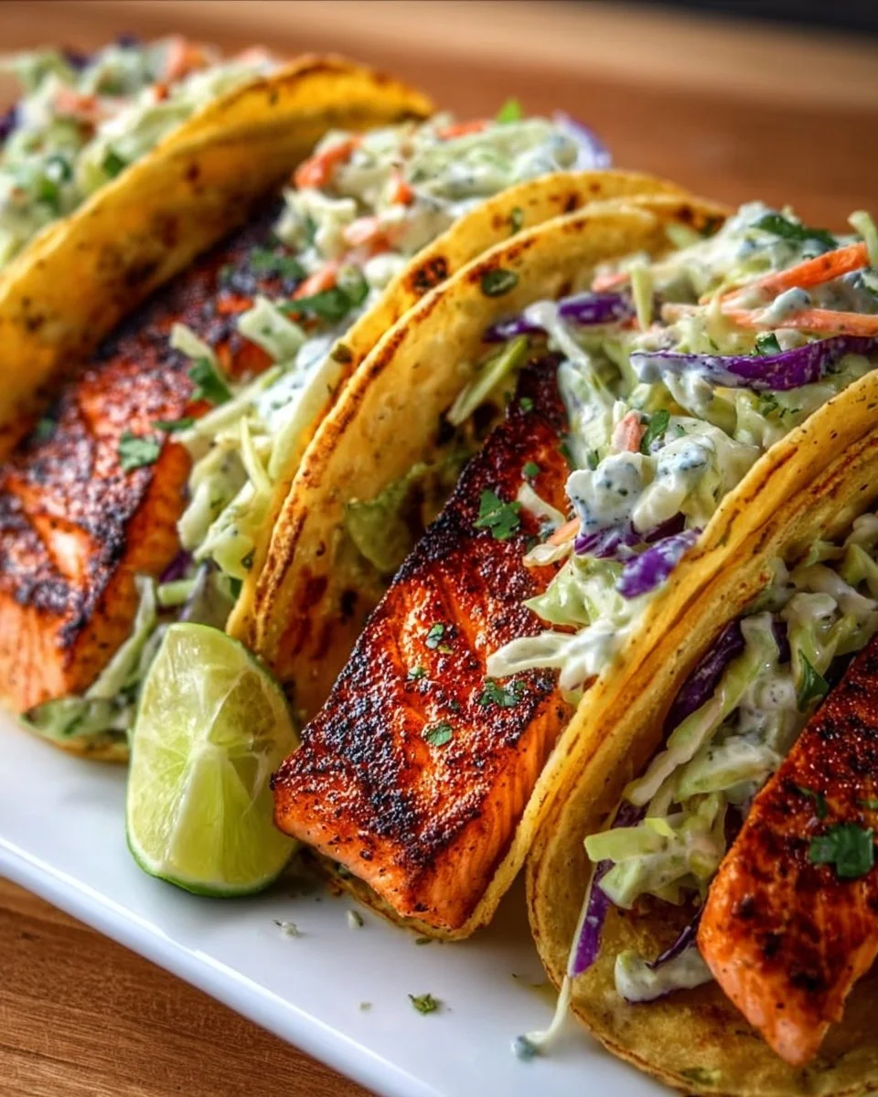 Air fryer salmon tacos served with zesty slaw on a plate