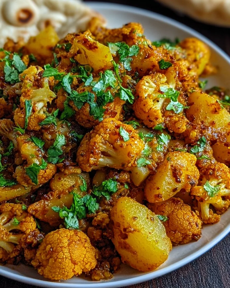 Aloo Gobi - Spiced Indian Potato and Cauliflower dish served on a plate