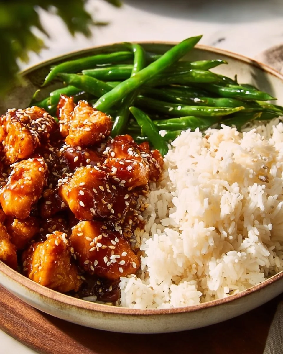 Asian high protein sesame chicken dish with sesame seeds and vegetables