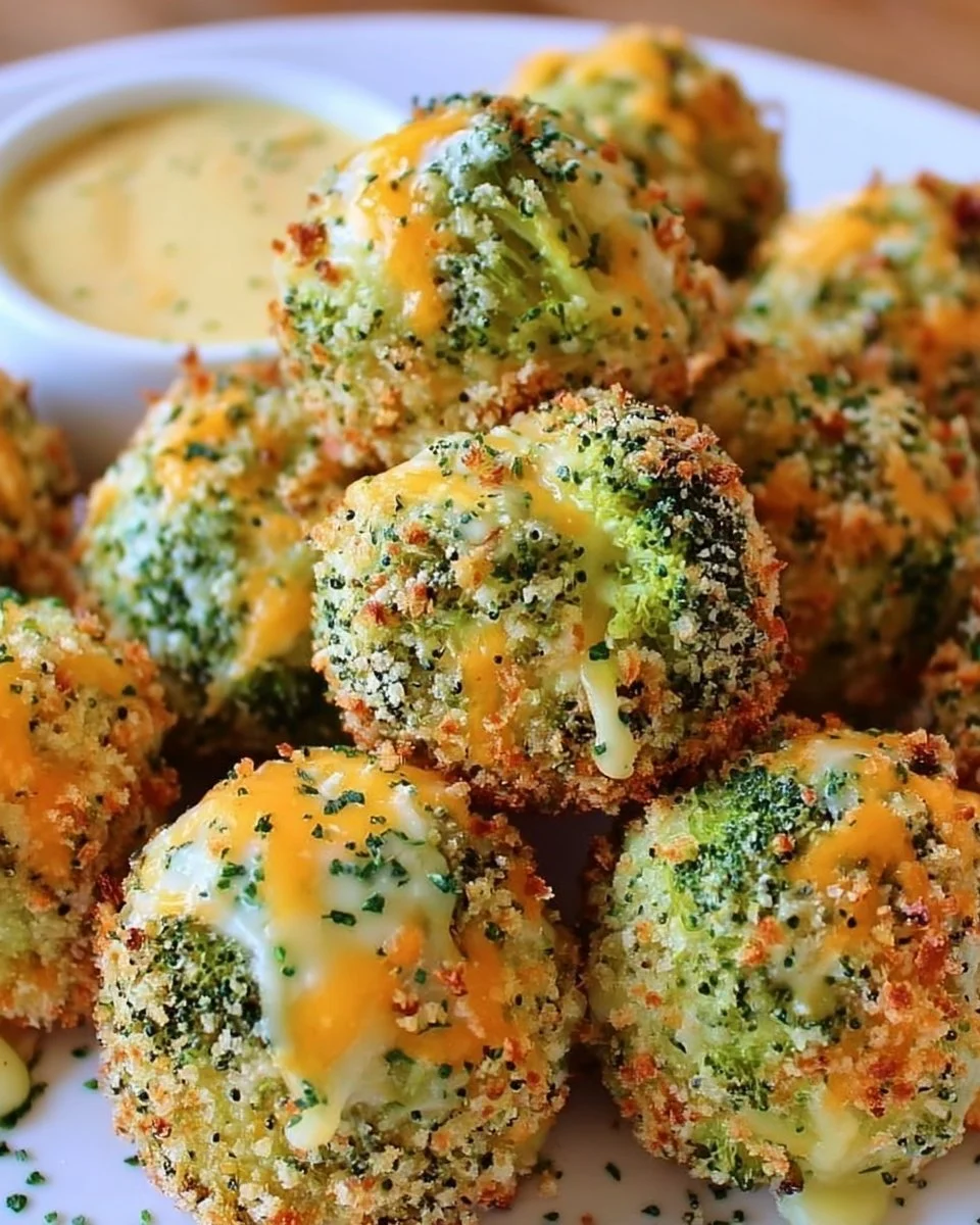 Baked Broccoli Cheese Balls on a plate, garnished and ready to serve.