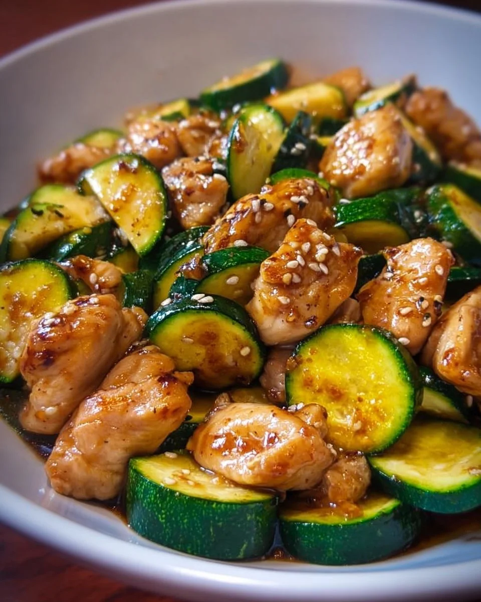 Healthy Chicken Zucchini Stir Fry served on a plate with vibrant vegetables