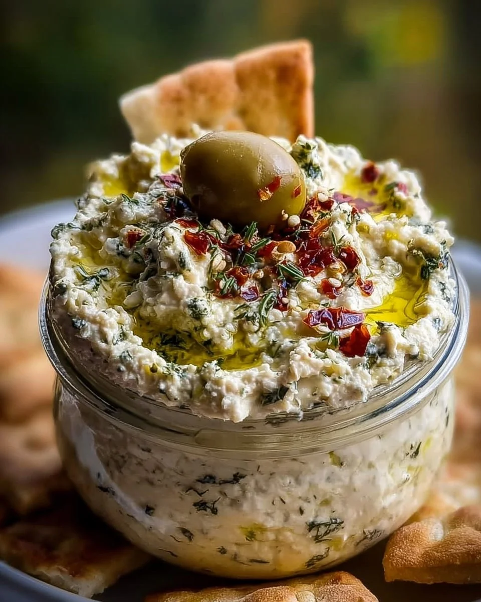Creamy feta olive dip in a bowl garnished with olives and herbs
