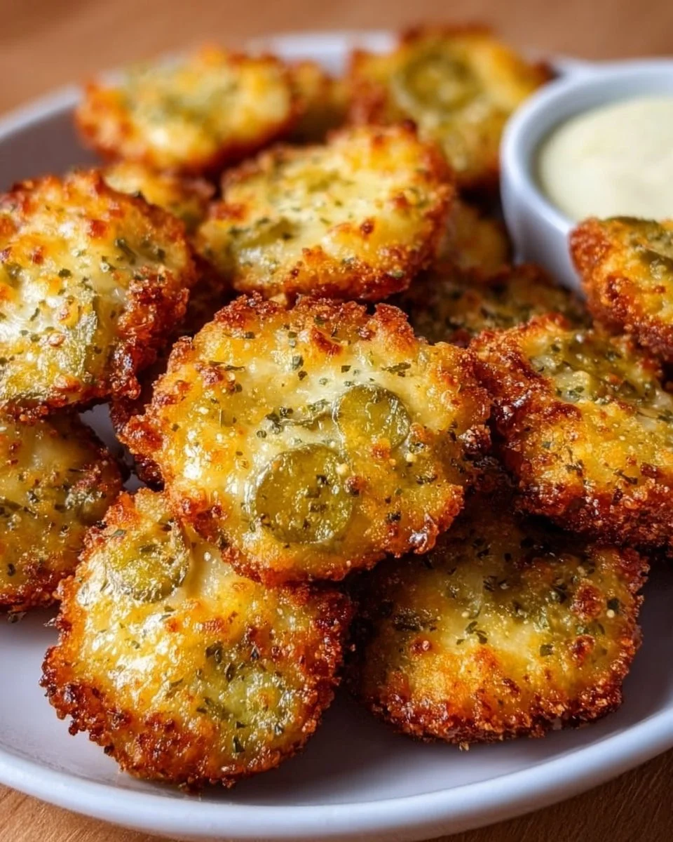 Crispy pickle cheese bites served as a tasty appetizer or snack.