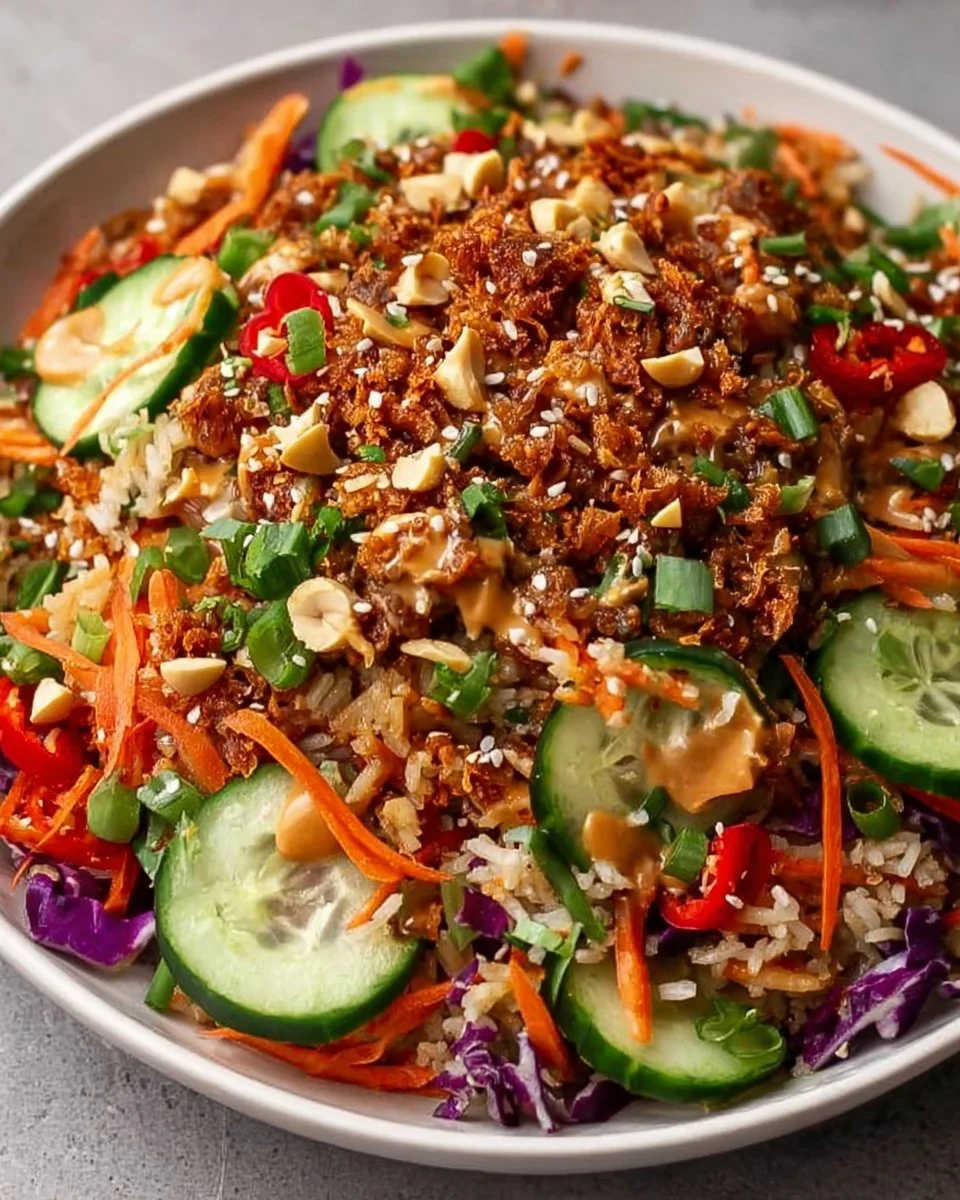 Crunchy Crispy Rice Salad with Peanut Sesame Dressing