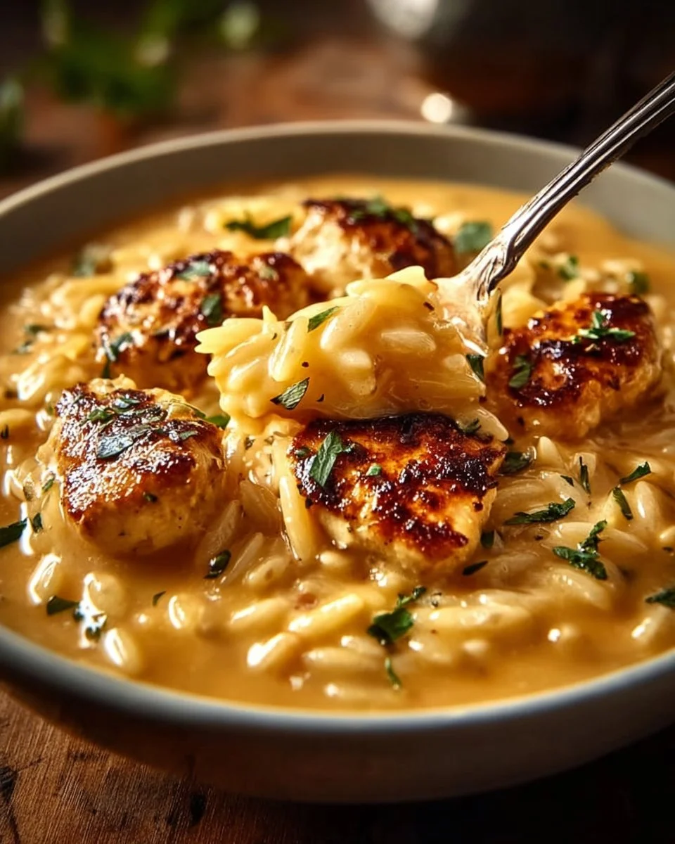 Creamy Marry Me Chicken Orzo dish garnished with herbs