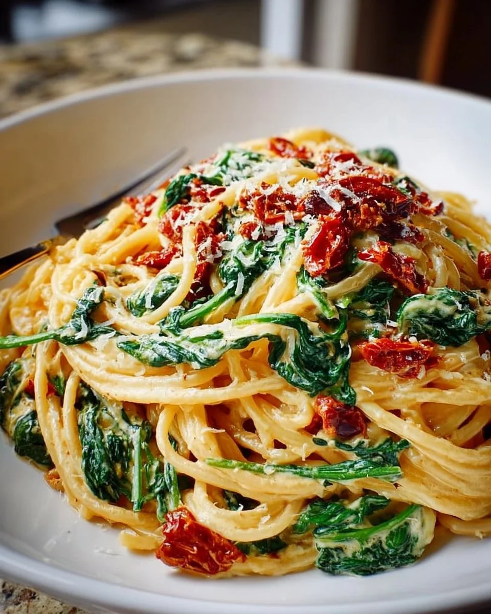 Easy Spaghetti with Spinach and Sun-Dried Tomato Cream Sauce
