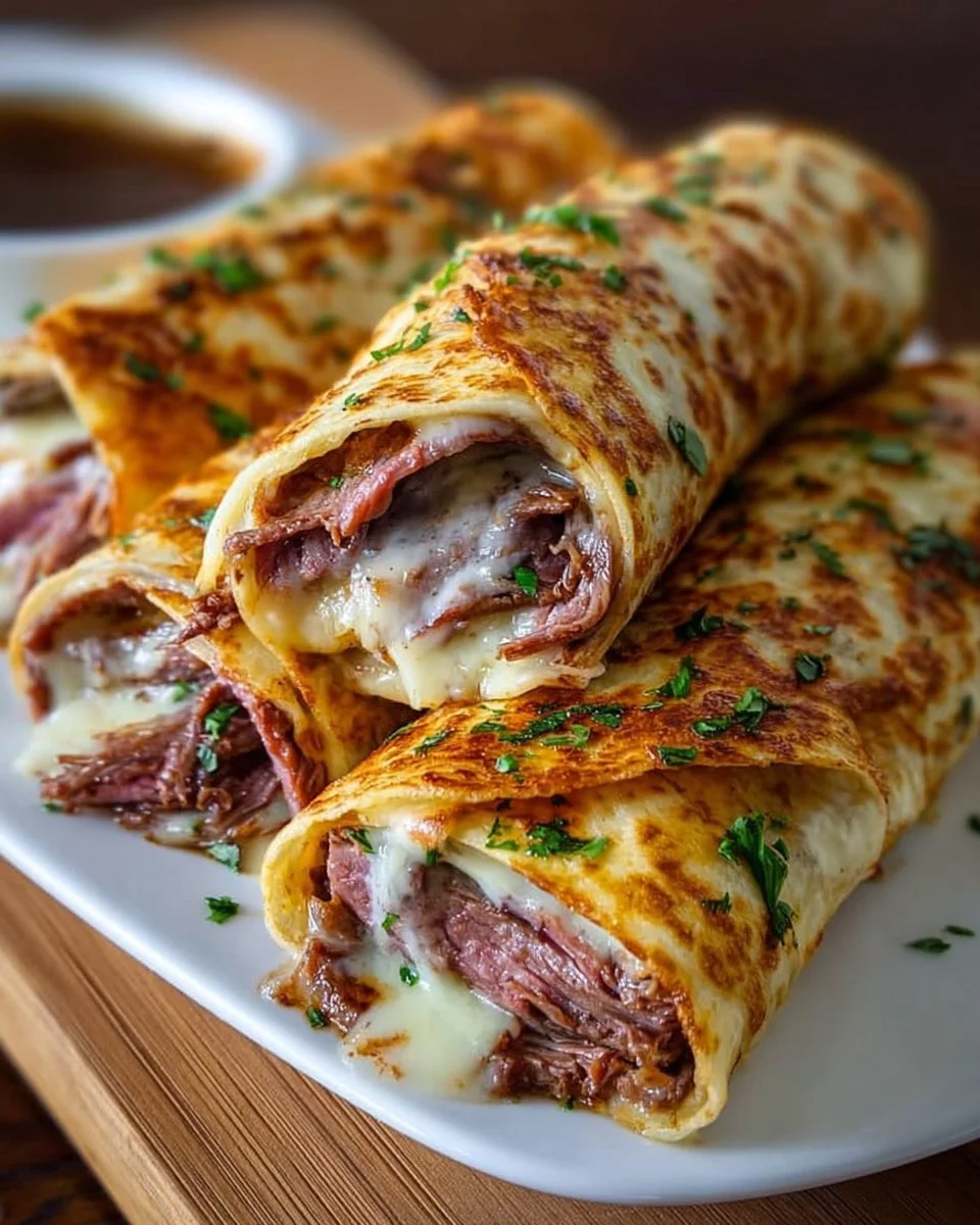 Delicious French Dip Tortilla Roll Ups ready to serve.
