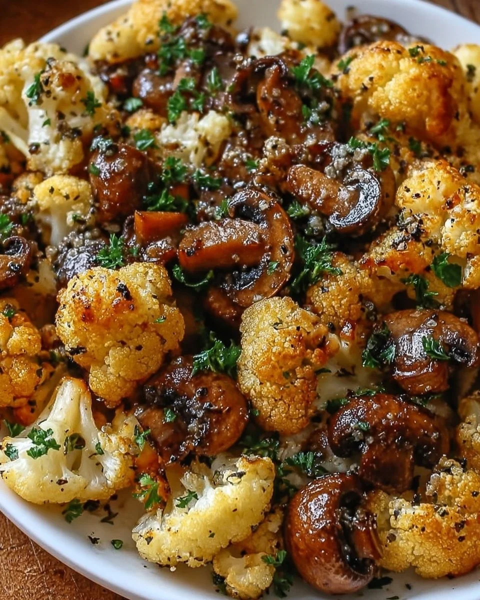 Garlic Mushrooms Cauliflower Skillet with fresh ingredients cooked in a skillet