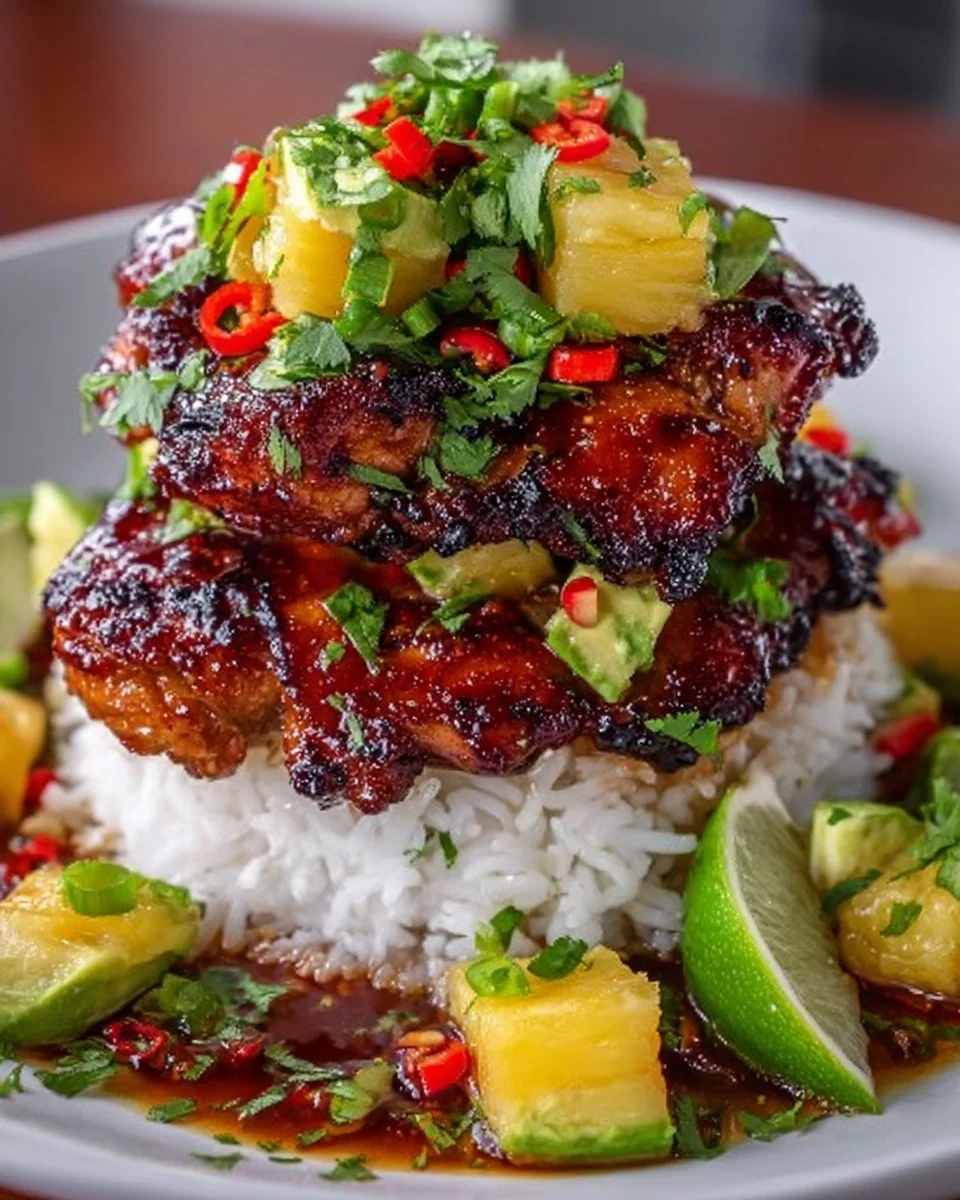 Hawaiian Chicken Stack with vibrant toppings and a tropical twist