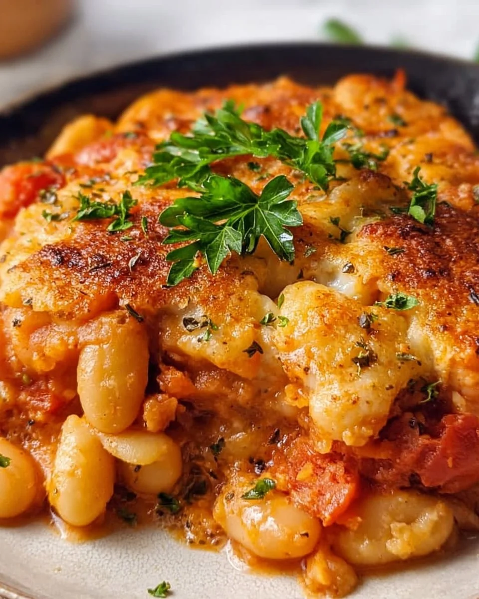 Hearty Cheesy White Bean Tomato Bake