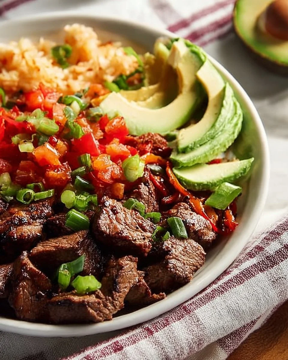 High-protein low-carb steak fajita bowl filled with colorful veggies and tender steak