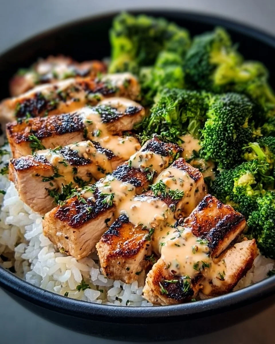 How to Make Grilled Chicken &amp; Broccoli Bowls with Creamy Garlic Sauce