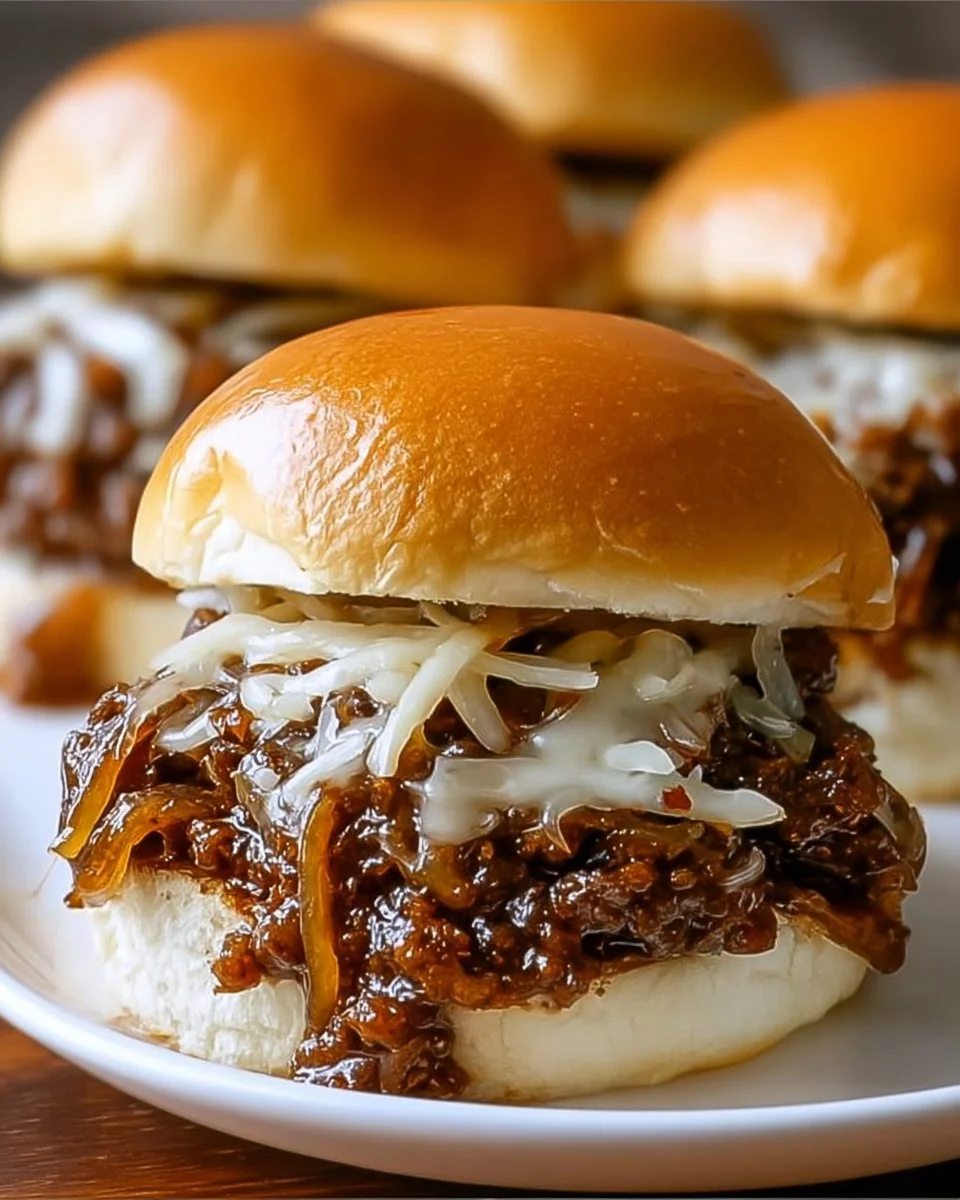Delicious French Onion Beef Sloppy Joes with melty cheese and rich onion flavor
