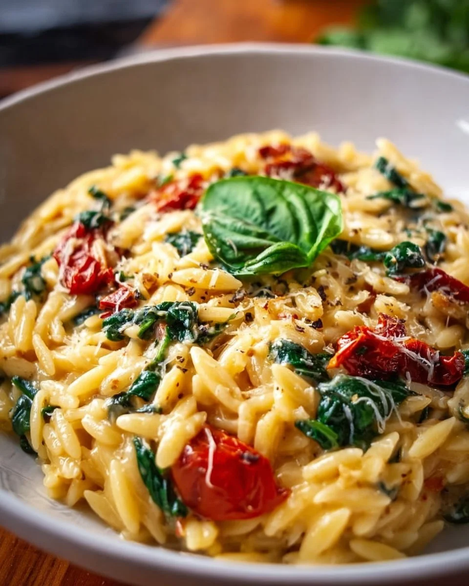 Delicious creamy Tuscan orzo served with fresh herbs and cheese