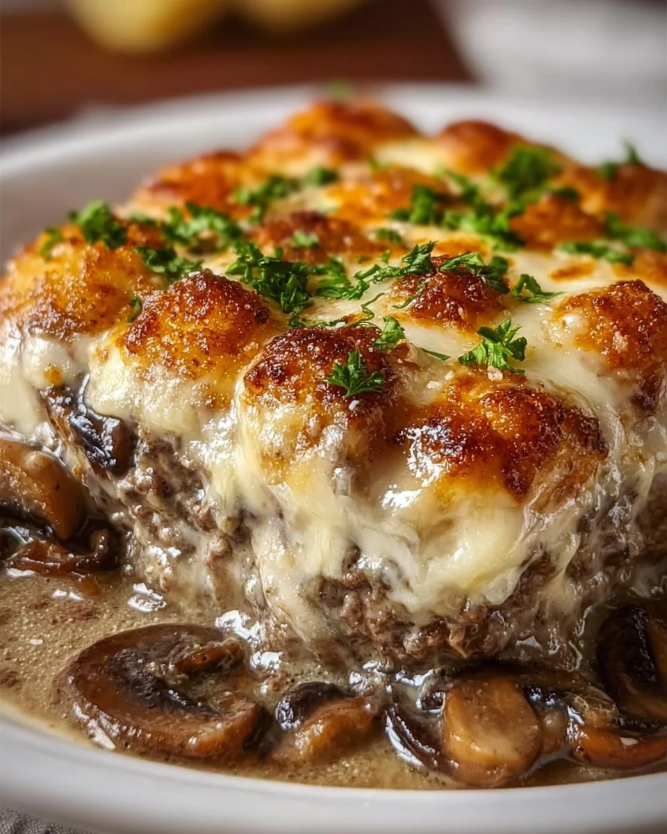 Mushroom Swiss Burger Casserole topped with melted cheese and mushrooms