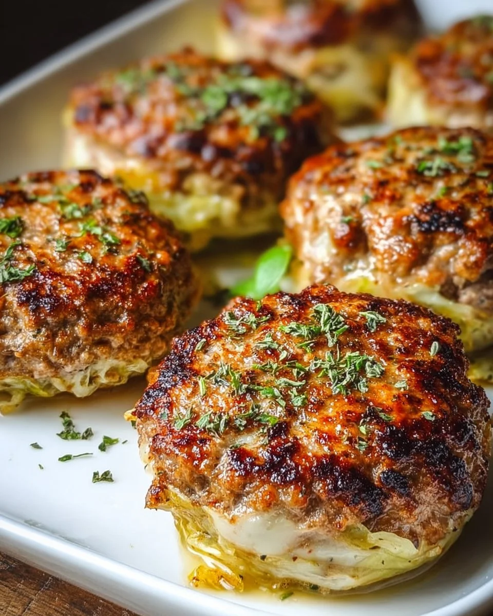 Oven-baked cabbage burgers on a plate, garnished with fresh herbs