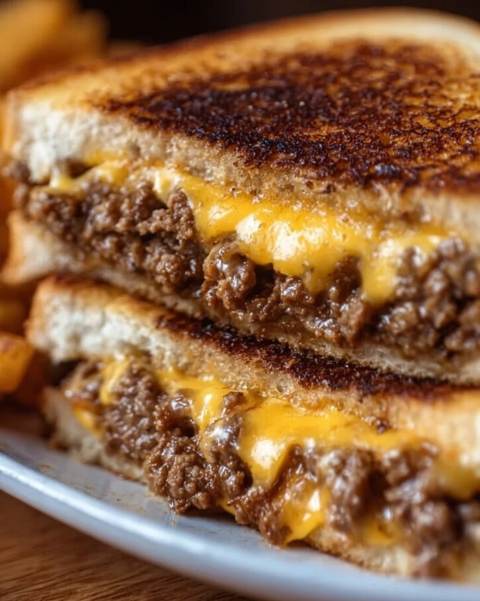 A delicious patty melt sandwich with beef, cheese, and grilled onions on toasted bread