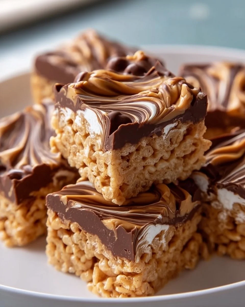 Peanut Butter Rice Krispie Treats with Chocolate Swirl