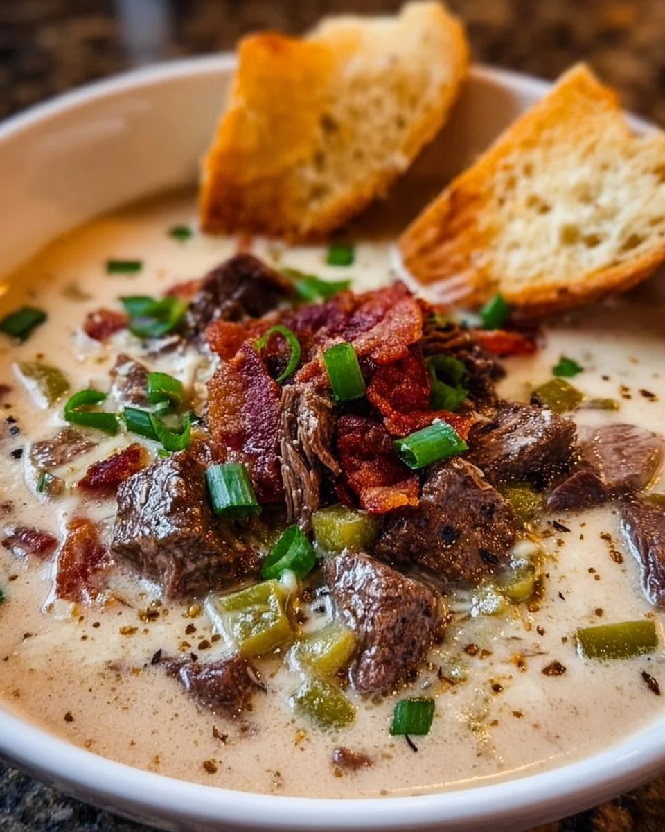 Bowl of savory Philly Cheesesteak Soup with melted cheese and beef slices