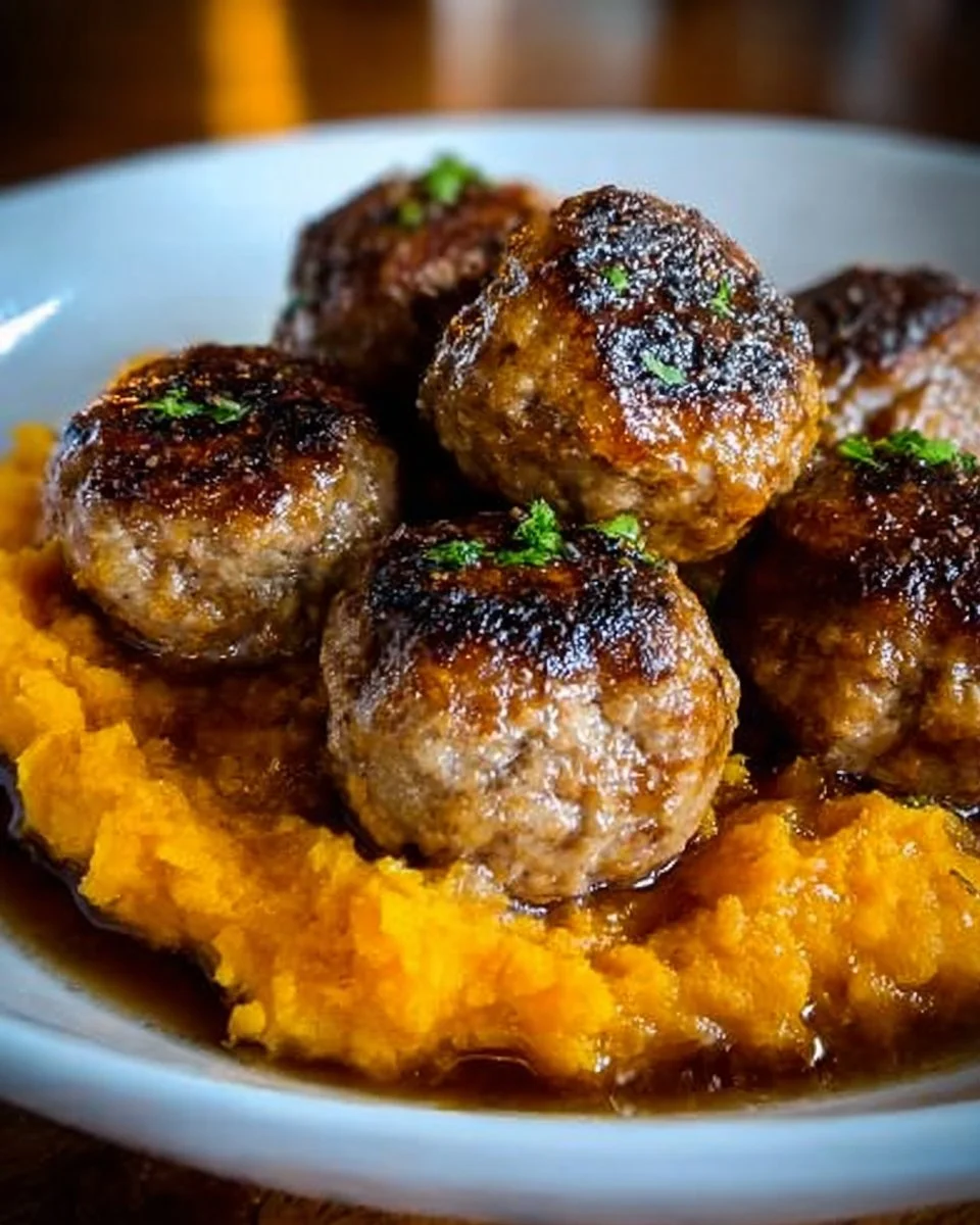 Pork Meatballs with Sweet Potato Mash &amp; Bourbon-Maple Sauce