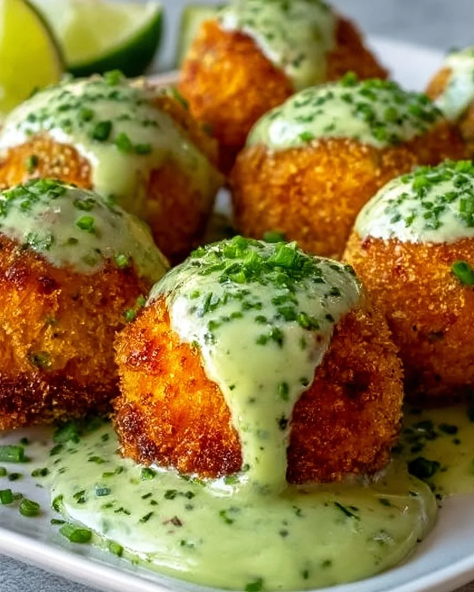 Delicious salmon balls served with creamy avocado sauce on a plate
