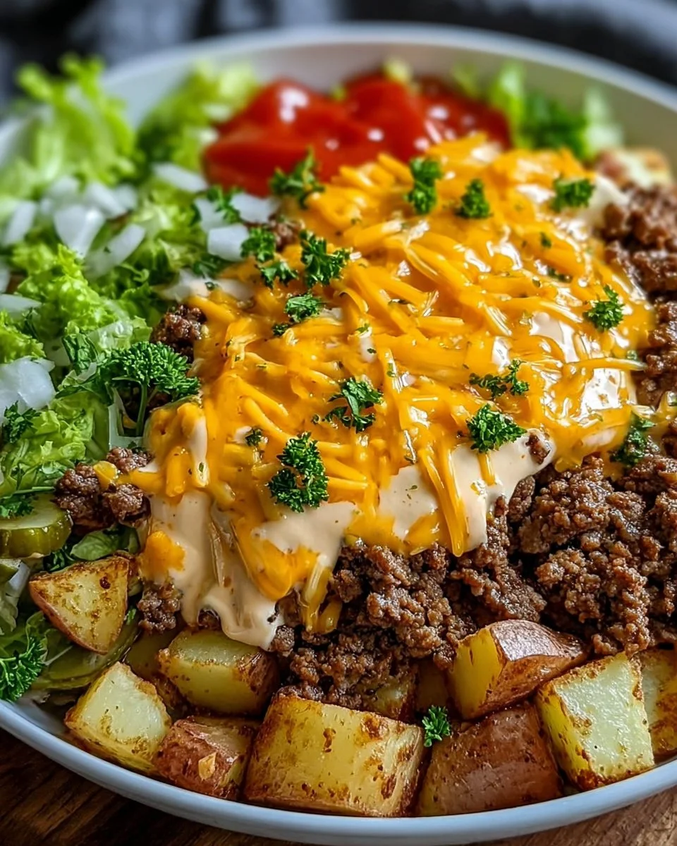 Delicious Smash Burger Bowl topped with fresh vegetables and sauces