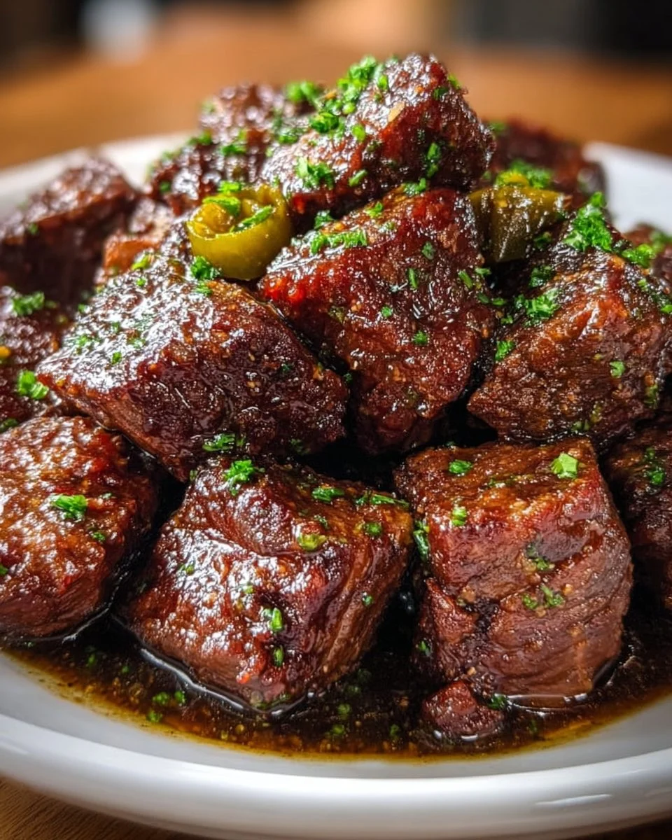 Delicious Crockpot Mississippi steak bites garnished and ready to serve