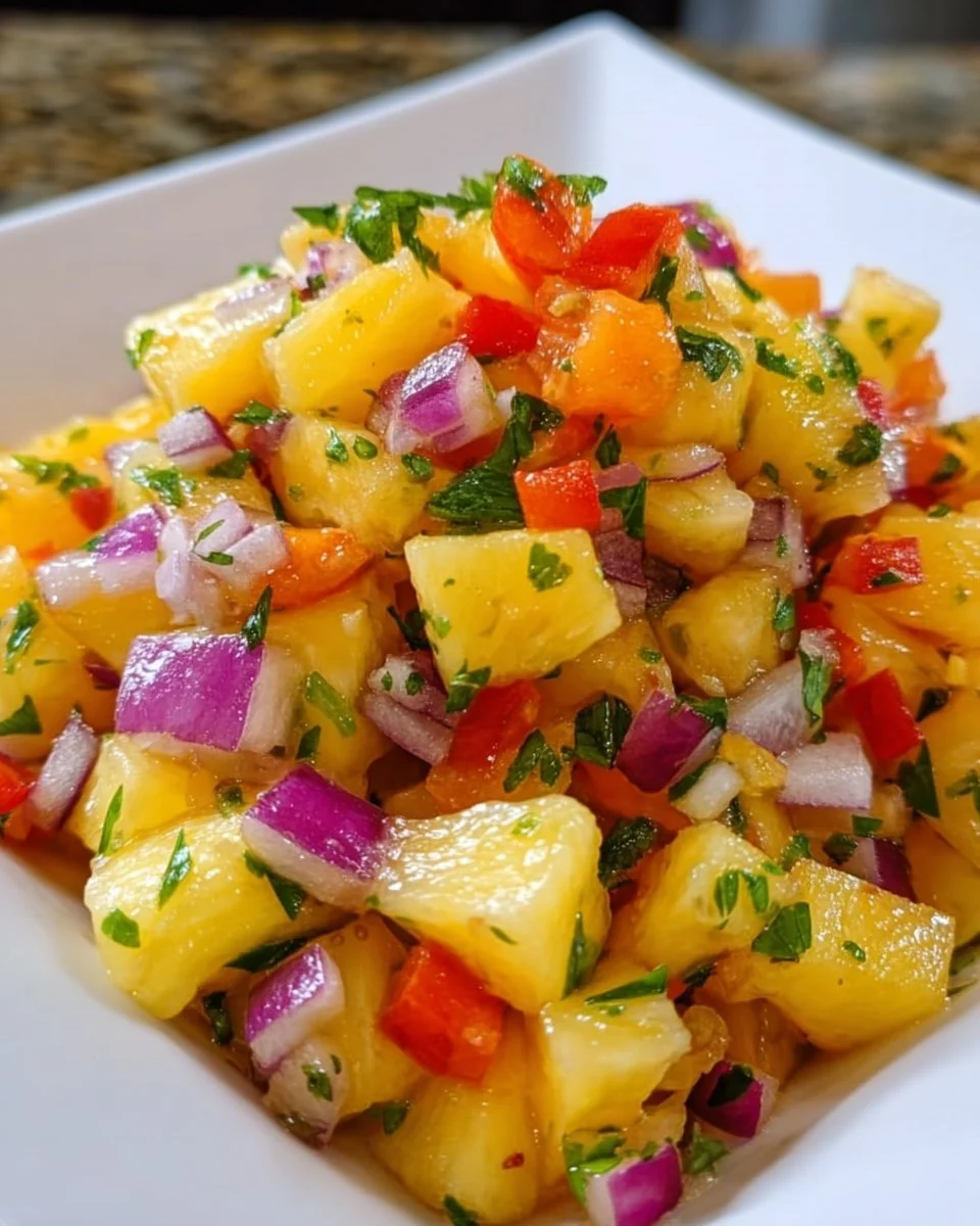Bowl of fresh pineapple mango salsa with colorful ingredients